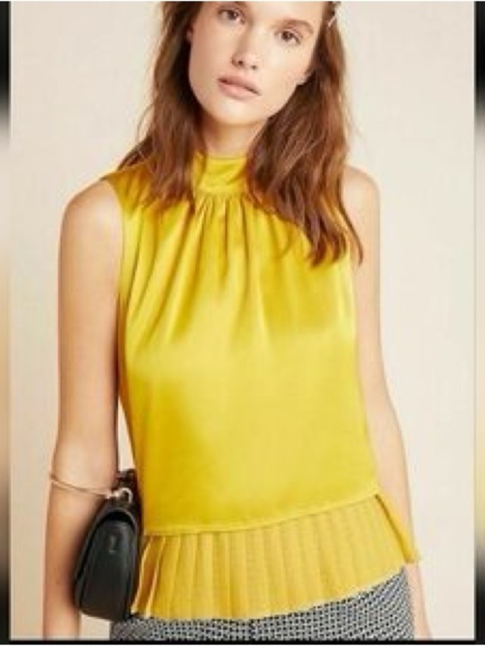 Anthropologie Corey Lynn Calter Pleated High Neck Blouse Sleveless Gold Sz Small